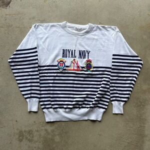 Vintage Parker Of Vienna Royal Navy Sweater Size Medium White Striped Nautical